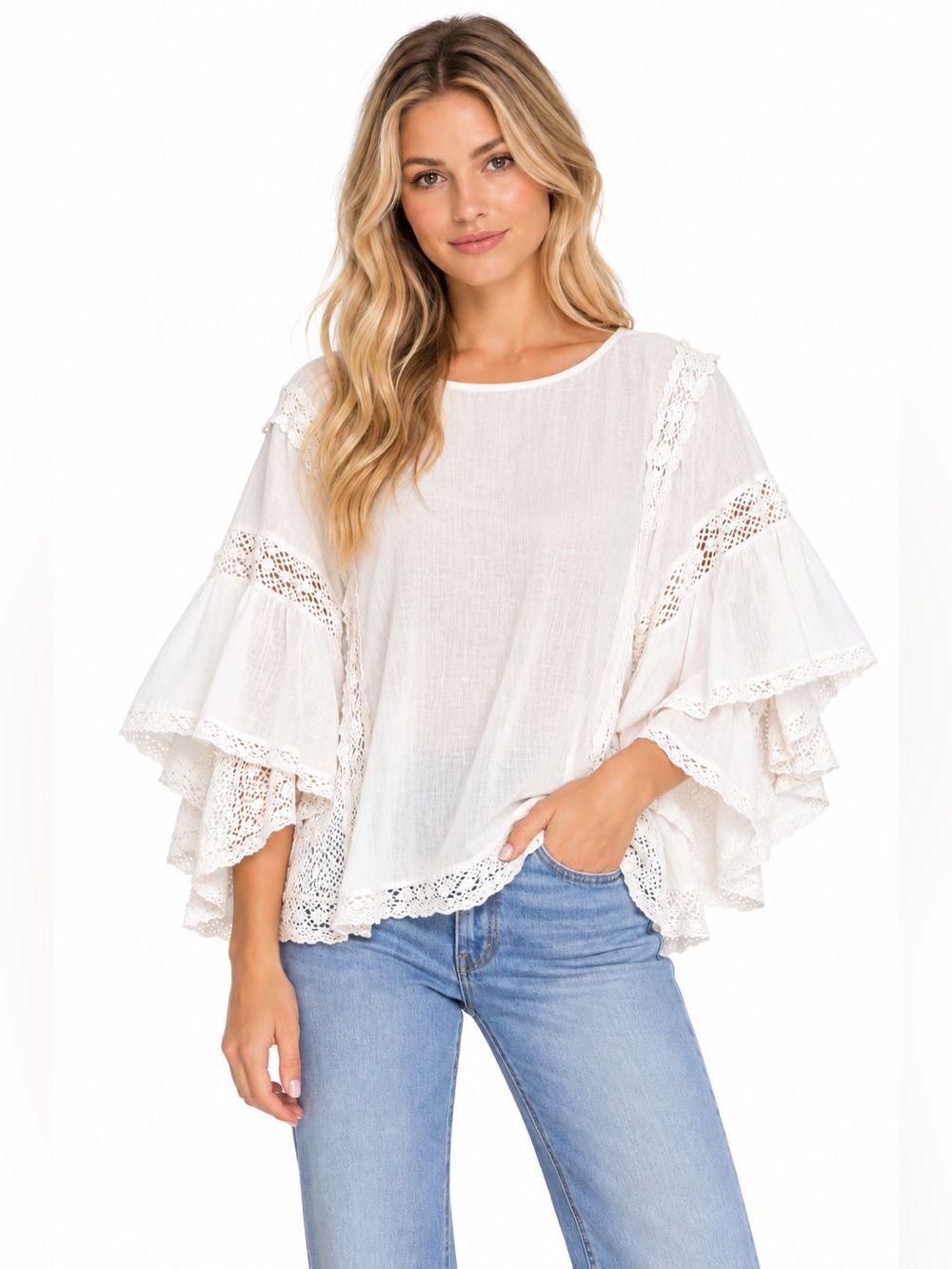 Maette‎ Bohemian Ivory Crochet Lace Bell Sleeve Blouse 2X Womens Top